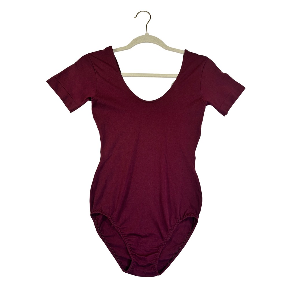 VTG Danskin USA Made Maroon Short Sleeve Leotard Scoop Neck Dancewear Burgundy